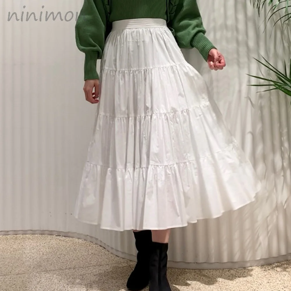 

NINIMON High Waist Big Swing Skirts Cascading Ruffled Slim Skirts Japan Style Mujer Faldas Casual All-match Fashion Mid Calf Ski