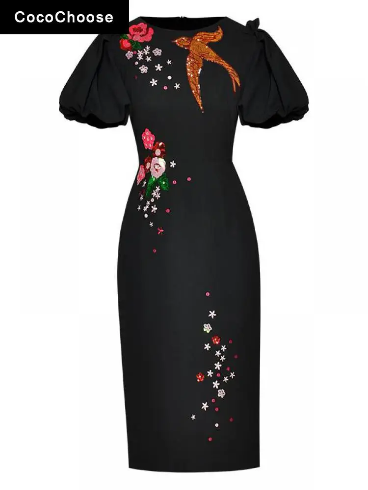 

Chic Women Evening Luxury Party Dress Autumn Winter 2022 Fashion Designer Embroidery Sequins Elegant Pencil Dresses Black