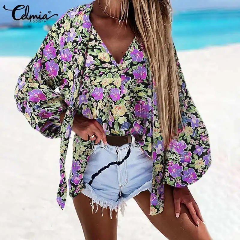 

Celmia Women Long Sleeve Vintage Blouses Bohemian Floral Printed Bandage V Neck Sexy Shirts 2022 Summer Elegant Beach Blusas