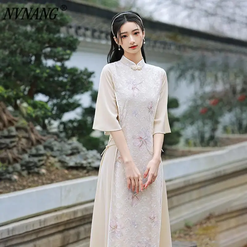 

Nvnang Chinese Qipao Spring and Summer 2022 New Embroidered Chiffon Modified Qipao Long Dress