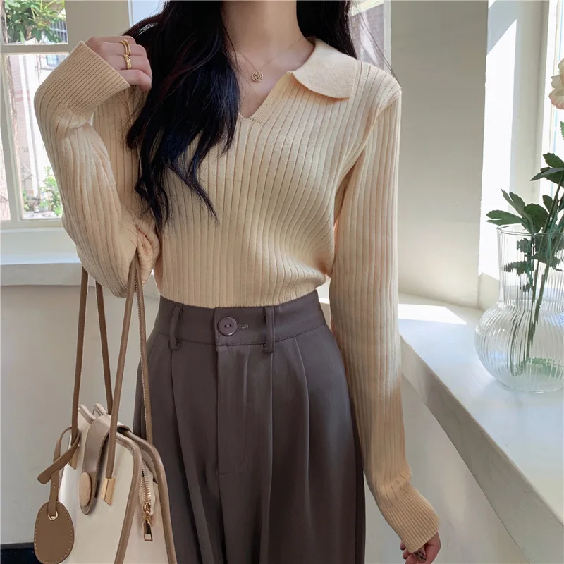 

Retro POLO Collar Apricot Knitted Pullovers Sweater Women's Spring Autumn 2023 New Solid Long-sleeved Sweater For Women