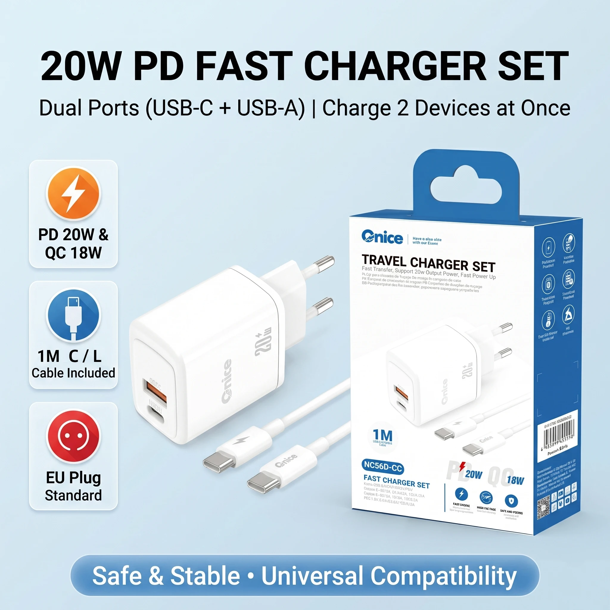 Фото Зарядный комплект для iPhone: 20W двухпортовое зарядное устройство USB A Type C PD QC, блок питания EU с кабелем для iPhone 17, 16, 15, 14, 13, 12, 11 Pro №1