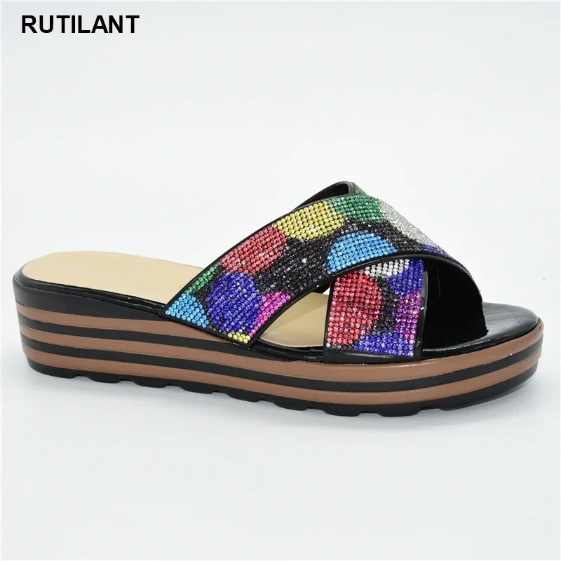 

New Design Shoes for Wedding Women African Women Shoes Decorated with Rhinestone Open Toe Shoes Low Heels Italian Party Pumps