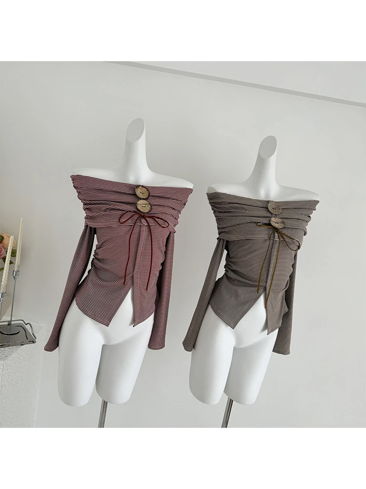 Женская футболка с длинным рукавом в полоску воротником-лодочкой