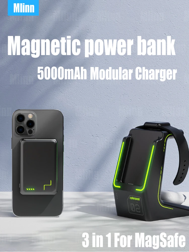 

5000mAh For MagSafe Powerbank 3 in 1 Modular Wireless Charger Magnetic Power Bank Portable Battery for iPhone 12 13 Pro iWatch