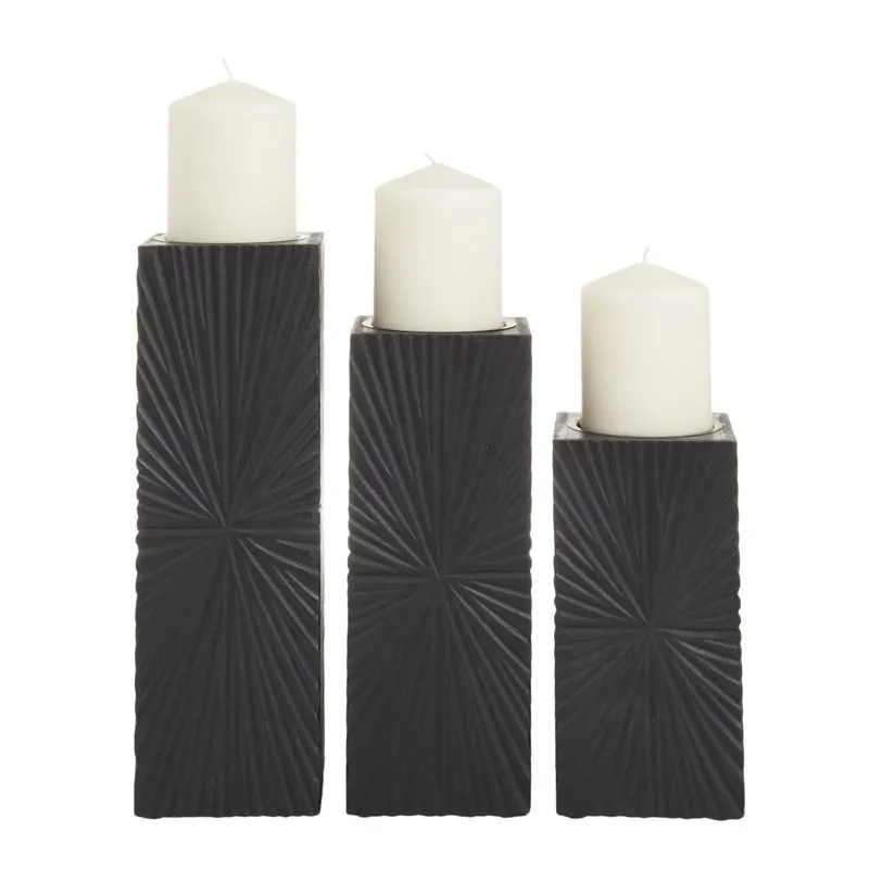 

Elegant Black Wood Geometric Carved Pillar Candle Holders, Set of 3 for Every Home Decor and Atmosphere Creation.