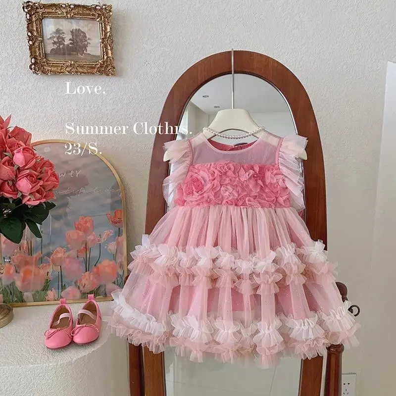

Retail New Baby Girls Summer Floral Mesh Party Dress, Princess Kids Sweet Dresses Holiday 3-8 T