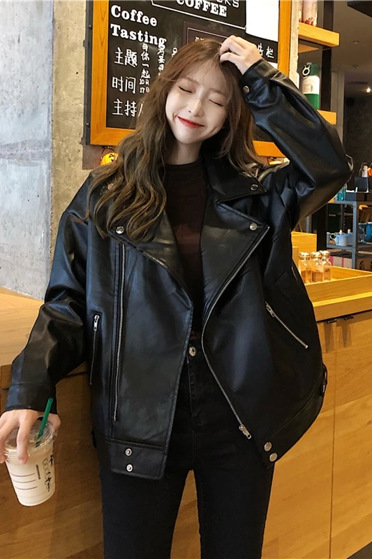 Oversize Women Leather Jackets Korean Winter Autumn  Long Sleeve PU Leather Coat Female Fashion Cool Girl Motocycle Zipper Coat