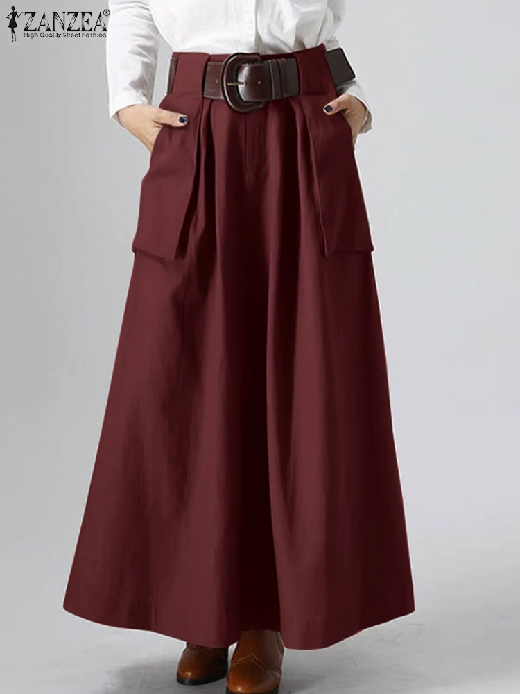 

ZANZEA Summer Solid Skirts Women Holiday Beach Skirt Vintage Casual Loose Long Faldas Saia Bohemian Holiday Jupe Oversized Femme