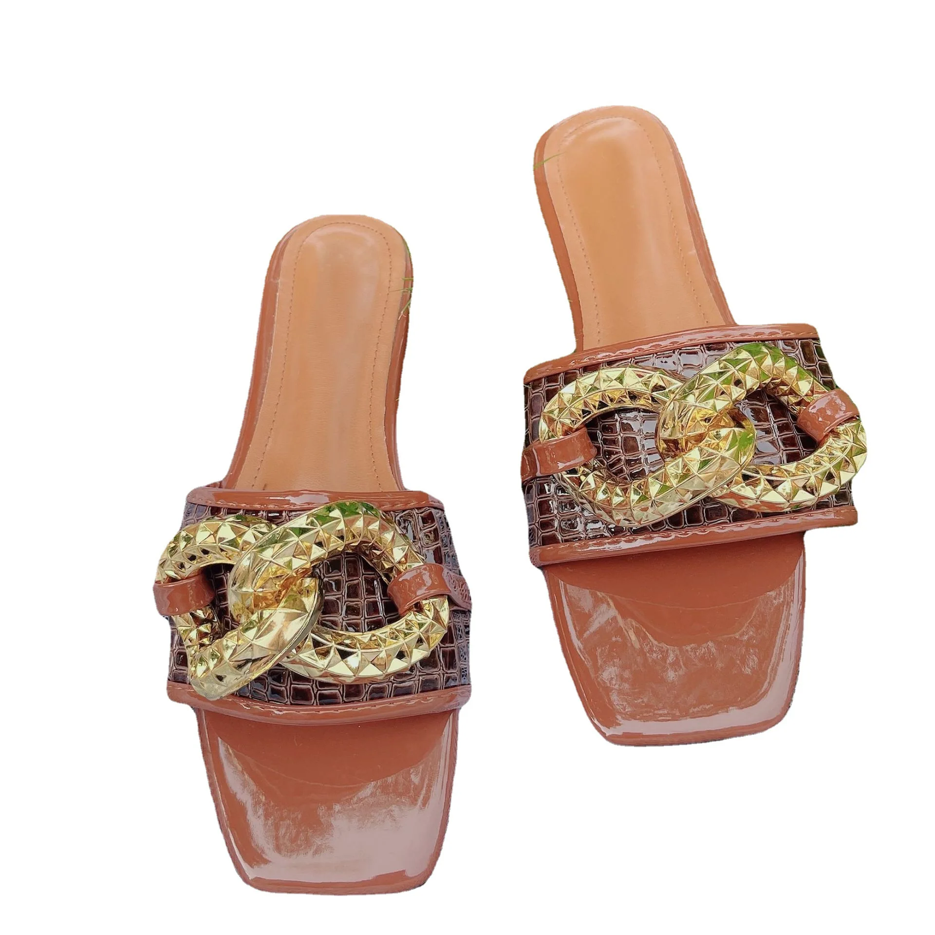 Flats Slippers for Woman 2022 Summer Slides for Women Fashion Retro Metal Decoration Plus Size 42 Women Shoes Slippers Female