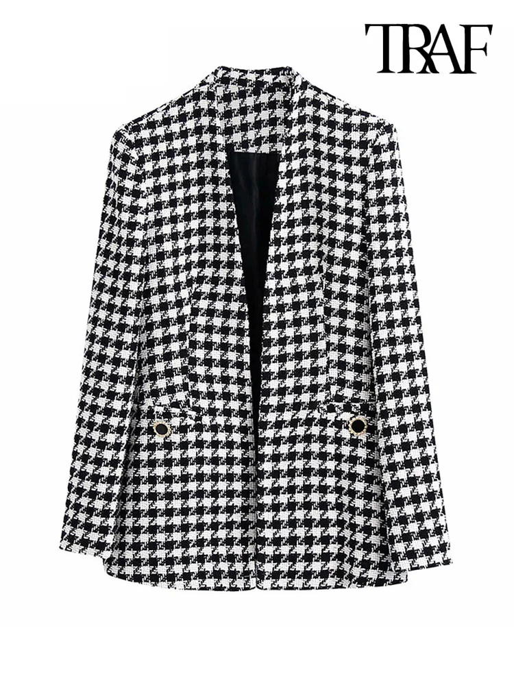 TRAF-Chaqueta de moda de Tweed Houndstooth para mujer, abrigo Vintage de manga larga con bolsillos, prendas de vestir exteriores para mujer, chaleco elegante