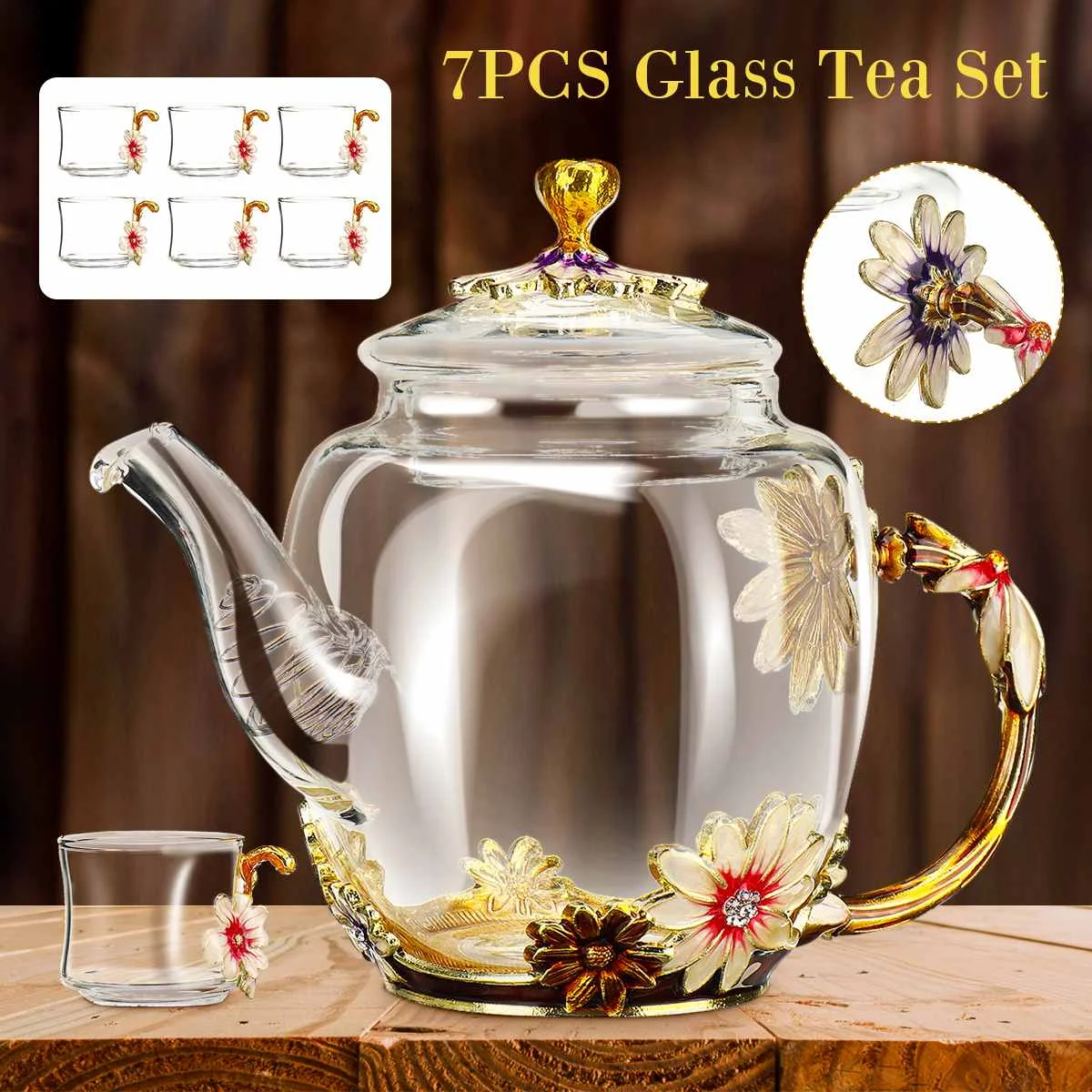 

7 Pcs/ Set Enamel Glass Flower Tea Set Heat Resistant Coffee Pot Cup Party Wedding Mugs Tea Cups Handmade Drinkware Gift