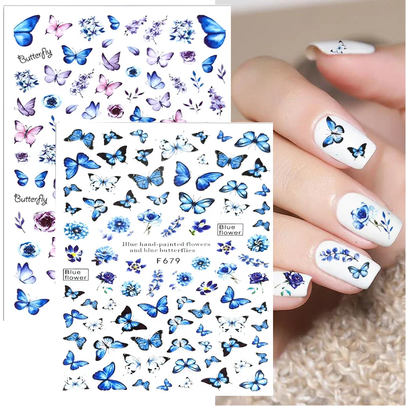 

3D Back Glue Stickers Watercolor Flower Leaf Butterfly Purple Blue Nail Adhesive Transfer Decals Slider Colorful Deco Nail Art