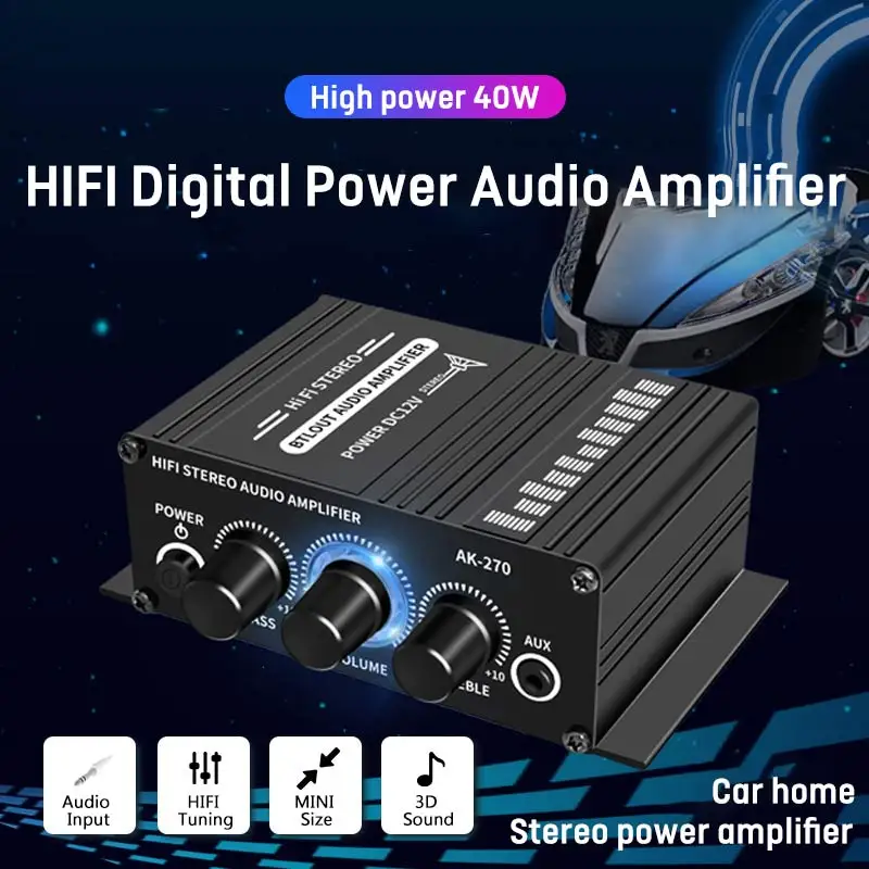 

AK270 12V Mini HIFI Power Amplifier Audio Karaoke Home Car Theater Amplifier 2 Channel Amplifier USB/SD AUX Input