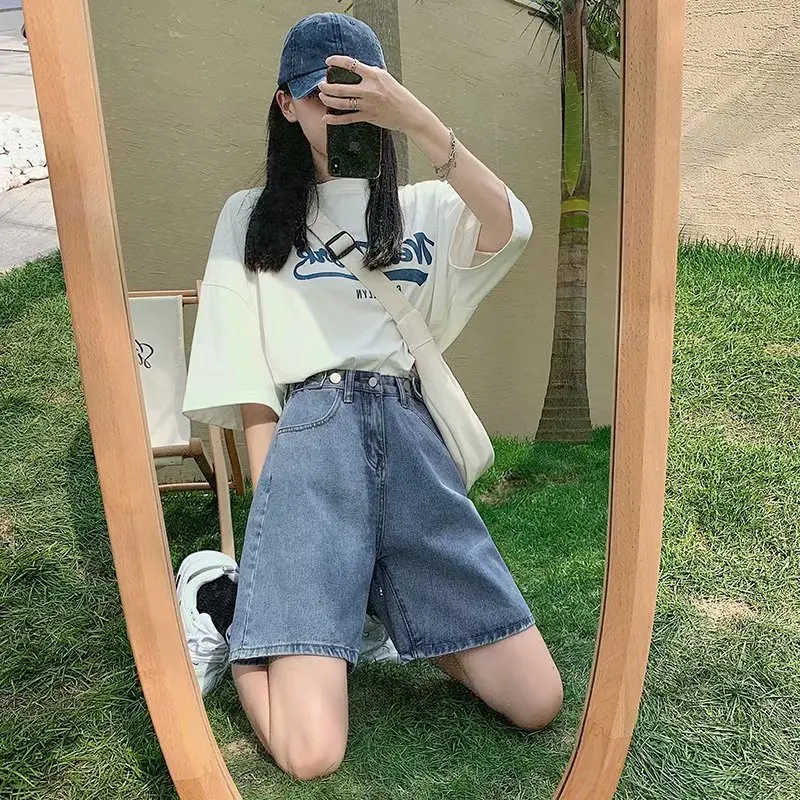 

Fashion Summer Half Women Denim Shorts High Waist Belted Loose Female Short Jeans StreetwearR71