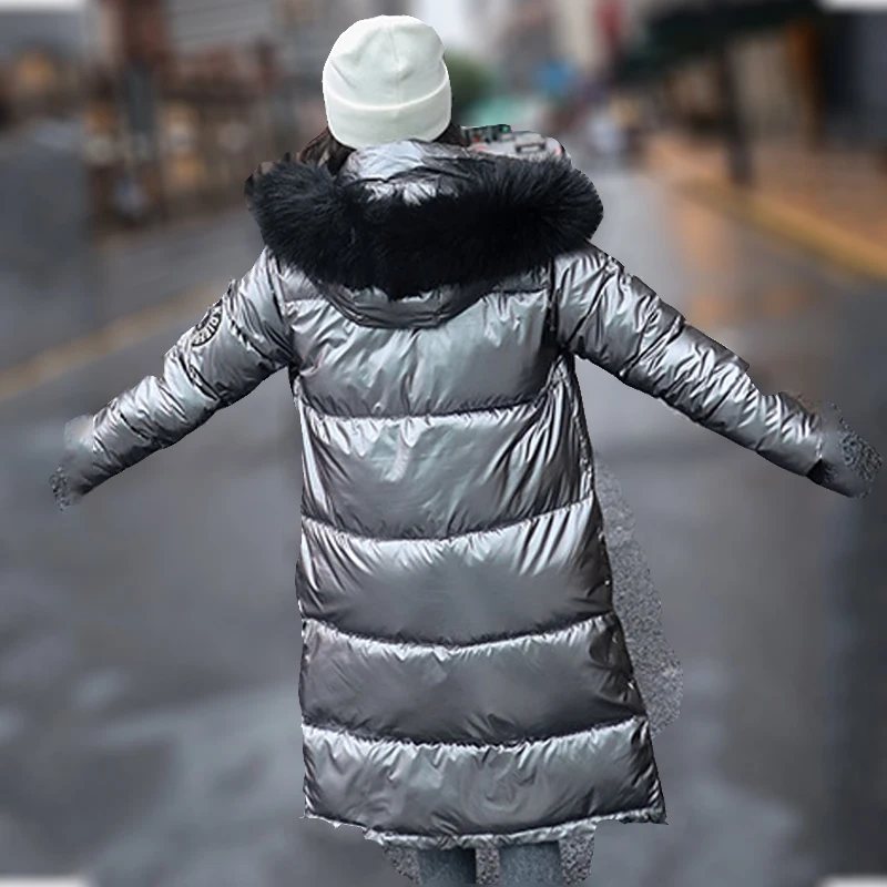 Women X-long Oversize Blue Down Jackets Thick Casual with Fur Parkas 2021 Winter Female Down Coats Hooded Solid Warm Snow Coats