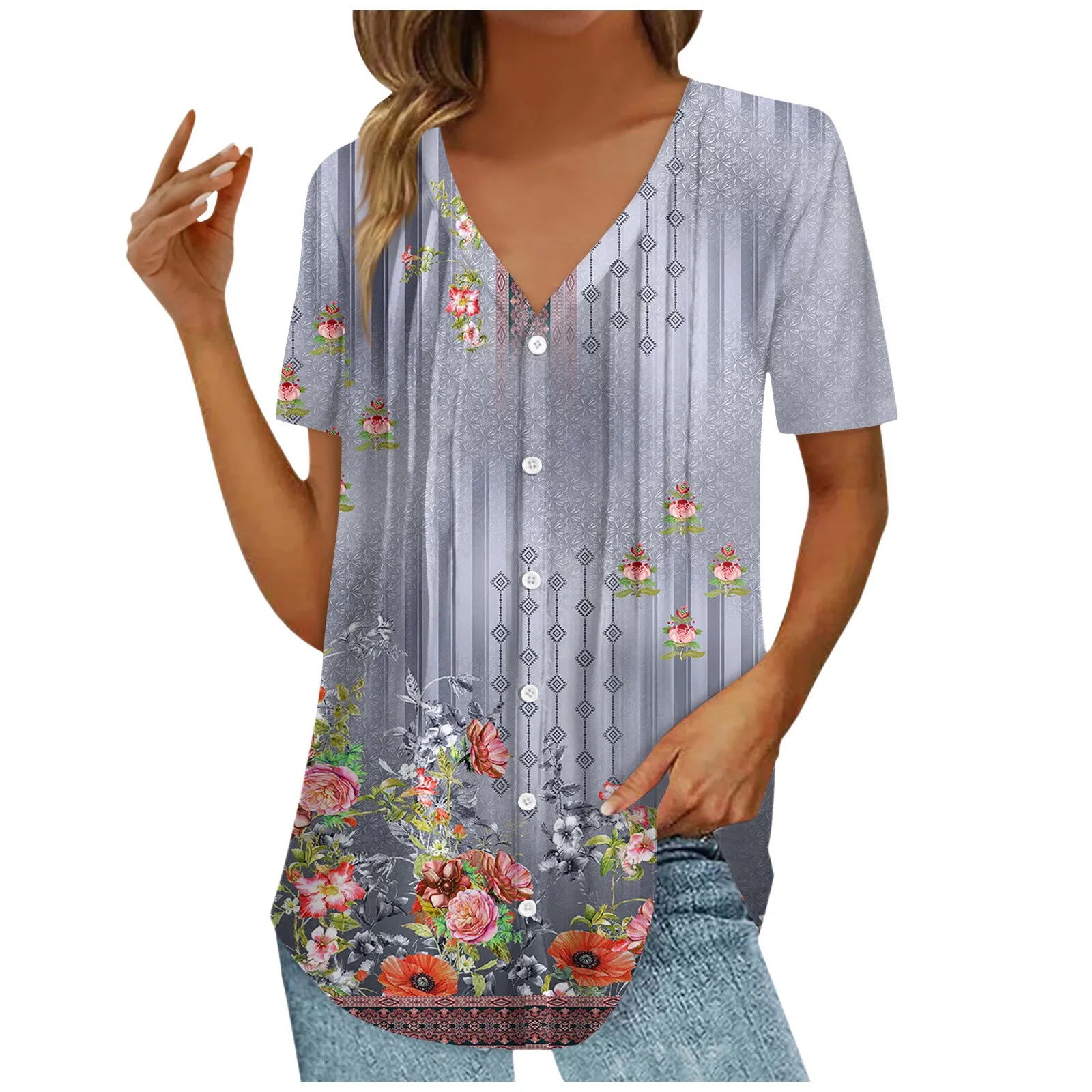 

Women'S Pleated Button Casual Printed Loose V Neck Short Sleeve Cardigan Top Blouse Clothing Female Crop Top Women Y2k Tops