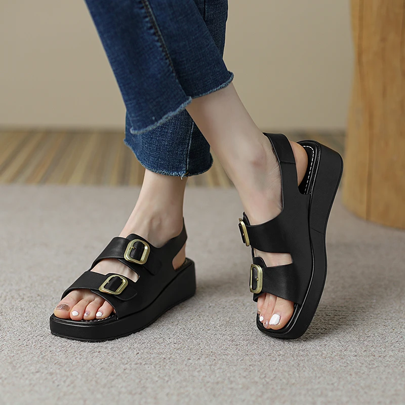 

Women Real Leather Sandals Designer Metal Buckles Shoes Women Flat Heels Solid Color Casual Lady Footwear Size 34-40