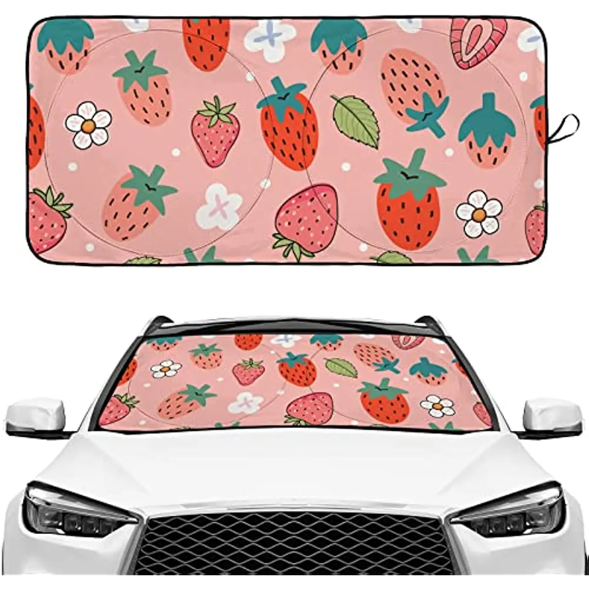

Cute Pink Berries Strawberry Girly Fresh Windshield Sunshade for Car SUV Truck Foldable Uv Ray Reflector Front Window Sun Shade