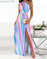 summer sleeveless draped lady party dress sexy skew collar hollow out long dress women spring one shoulder high slit maxi dress