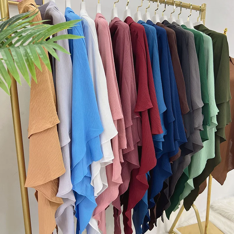 2 Layers Crepe Muslim Ramadan Islamic Clothing Solid Color Long Khimars Prayer Scarf Women Overhead Tie Back Hijab Niqab