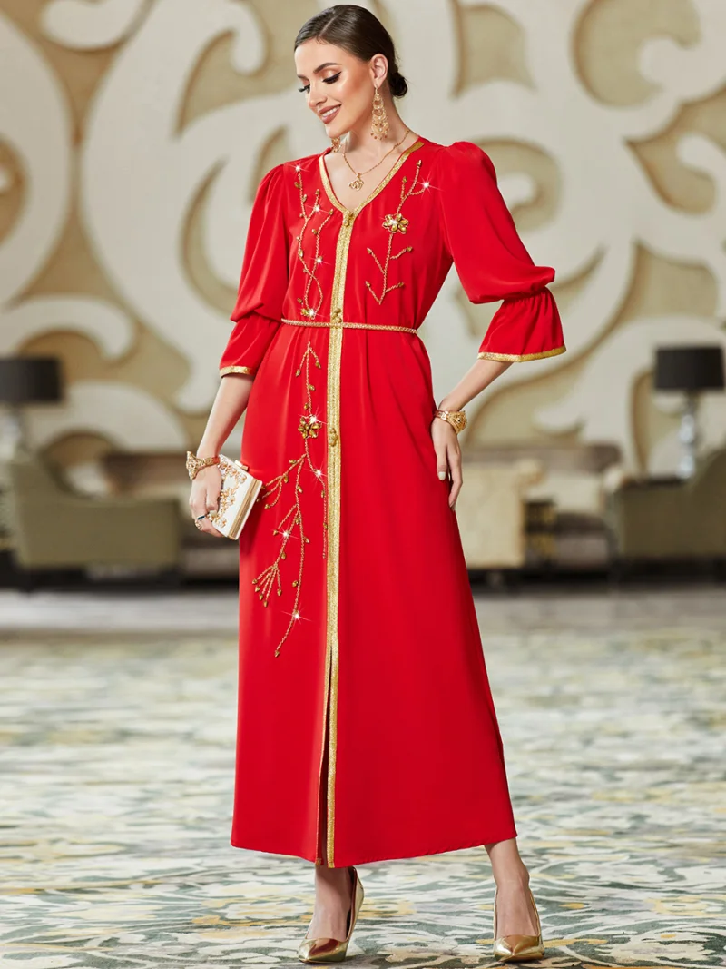 Floral Rhinestone Lace Tape Belted Satin Dresses Flare Sleeve Kaftan Abaya Muslim Women's Long Dress Jalabiyat Ramadan 2023