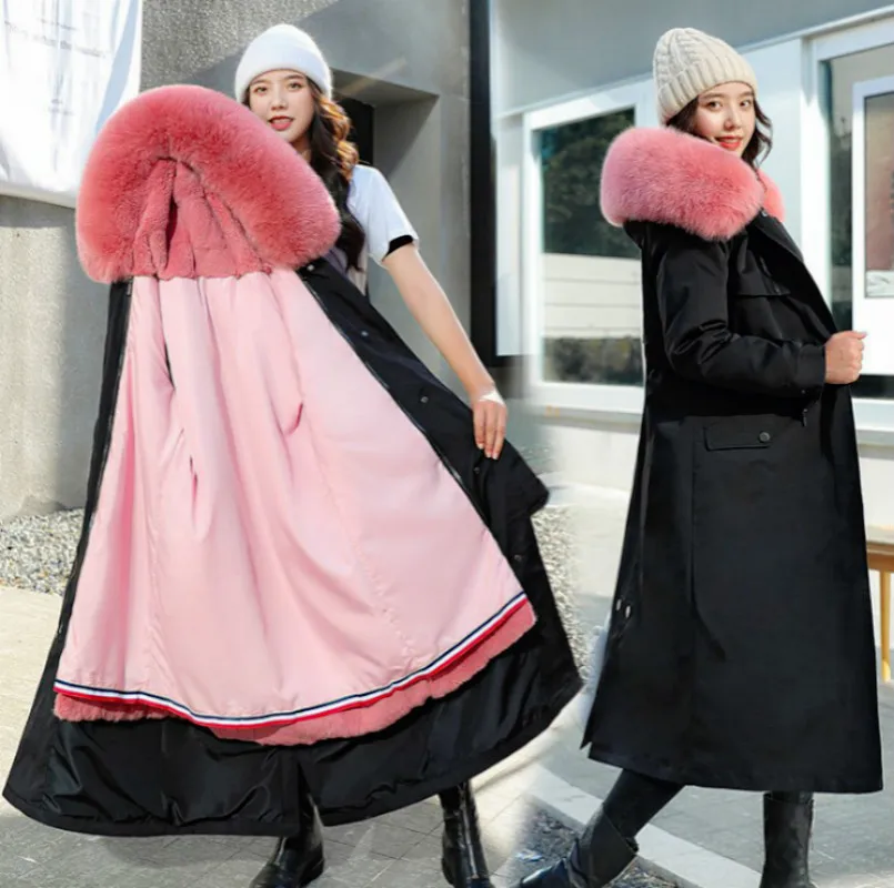 Casual Fashion Hooded Retro Coat Ladies Winter Solid Color Cotton Plus Size Long Coat To Keep Warm and Thick with Zipper Pockets