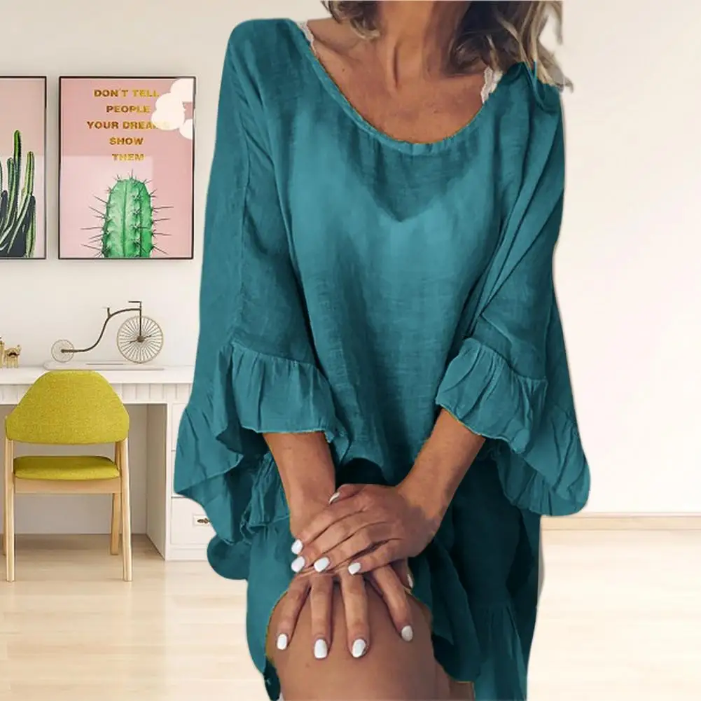 

Women Dress Solid Color Ruffles Summer Round Necks Pleats Mini Dress Beachwear