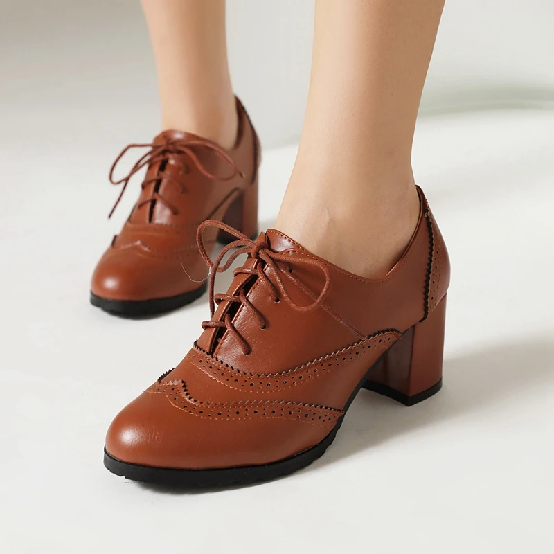 

Women's Pump Shallow Brogue Shoe Vintage Chunky Heel Cut Out Oxford Shoes Woman Lace Up Female Fashion Elegant Ladies Short Boot