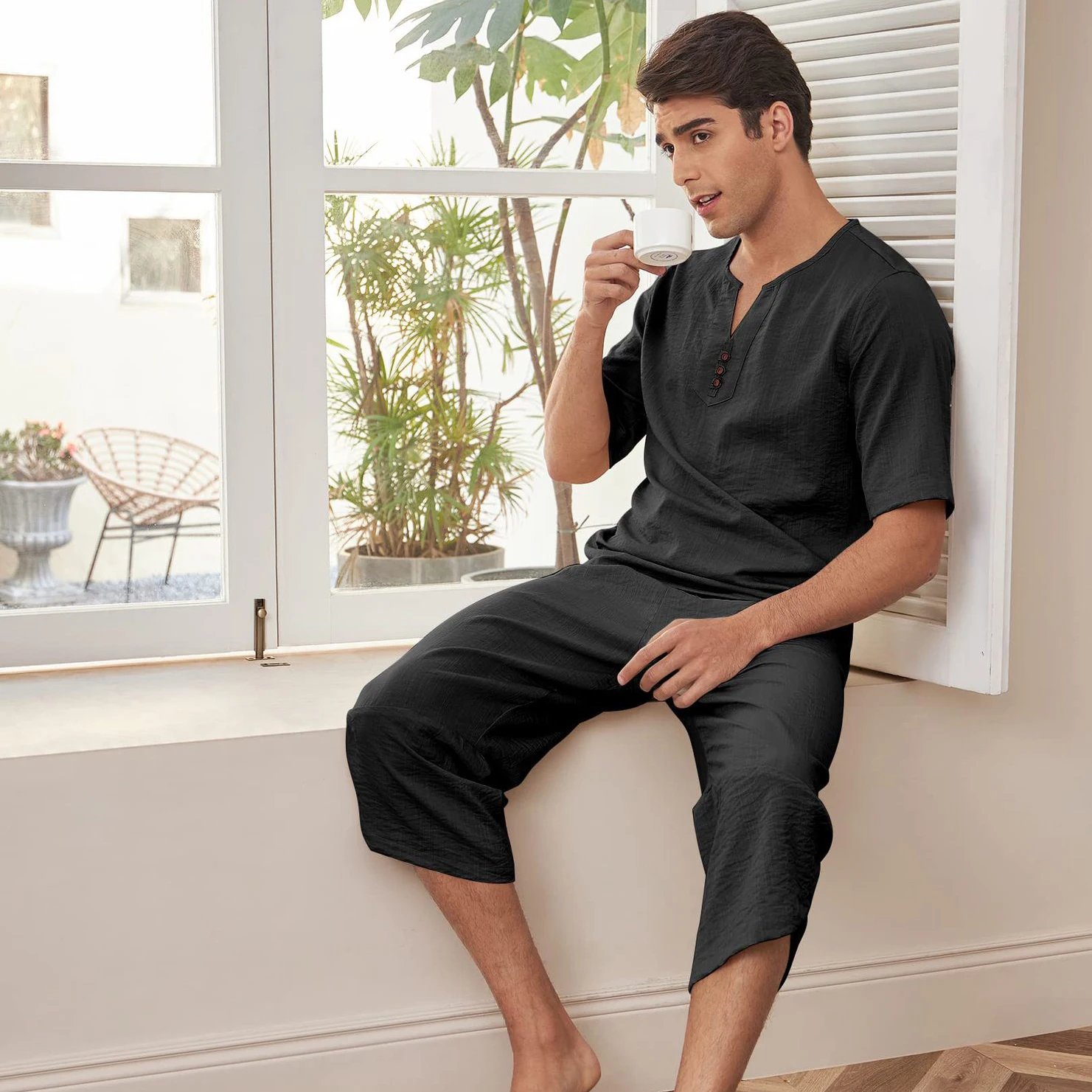 Summer Cotton Linen Shirt Set Men's Casual Outdoor 2-Piece Suit Andhome Clothes Pajamas Comfy Breathable Beach Short Sleeve Sets