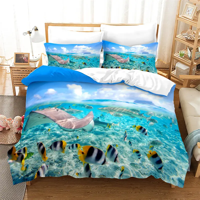 

Cartoon Ocean Fish Duvet Cover Microfiber Marine Theme Bedding Set Sea Underwater World Quilt Cover Queen For Boys Girls