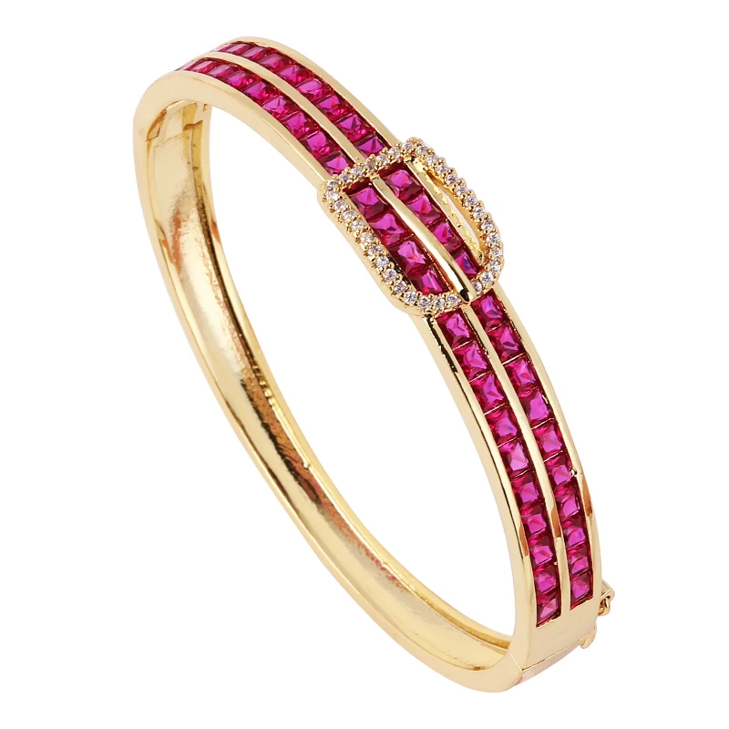 

18K Real Gold Plating Creative Belt Buckle Design Cuff Rainbow Zircon Bangle Bracelet For Woman Fashion Party Holiday Jewelry