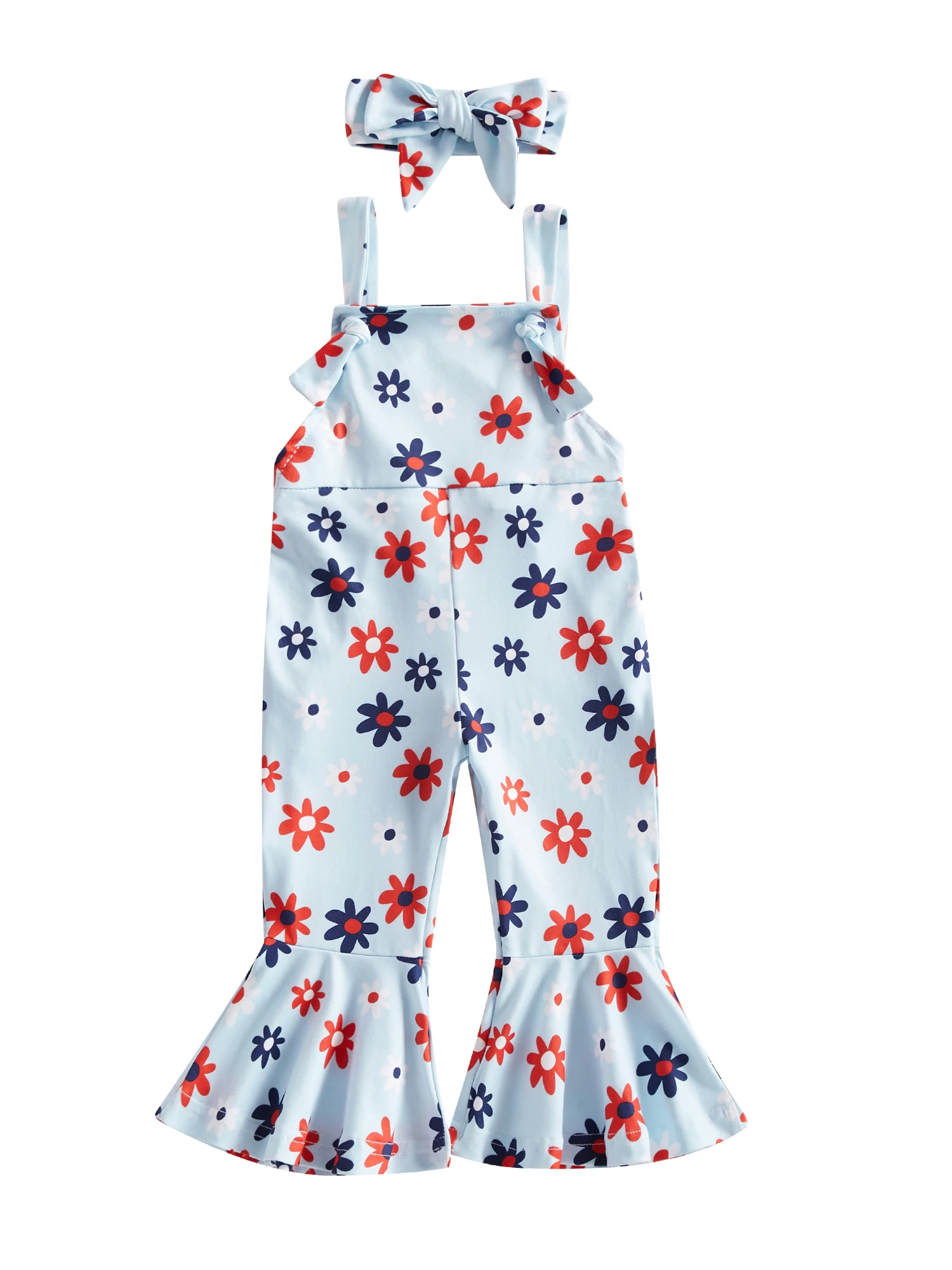 

Owl s-Yard Kids Girl Suspenders Jumpsuit Set Summer Floral Print Sleeveless Rompers Flare Pants and Stretch Headband (Blue