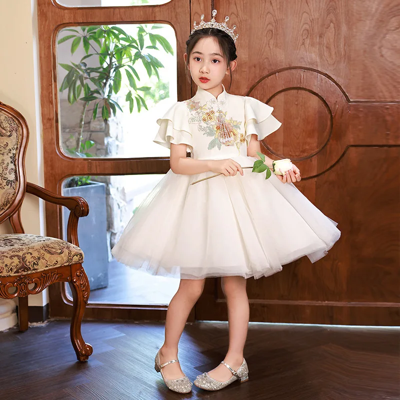 

Kids Birthday performance Host Piano costumes Flower Girl Dress Chinese Style high-end dress children's fluffy Princess Dress