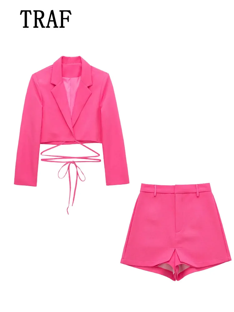 

TRAF ZA&ree 2022 2Pcs Women Blazer Suit Long Sleeve Bow Tie Coats+Zipper Shorts Sets Causal Short Jacket High Waist Outwear