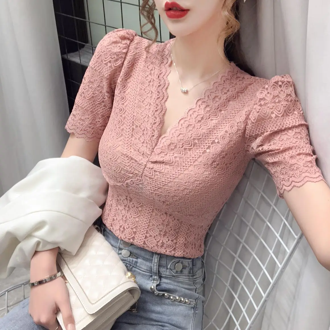 

Women V-neck Lace Blouses Shirts Female Short Puff Sleeve Hollow Out Solid Elasticity Tops Blouses Girls 2020 Summer