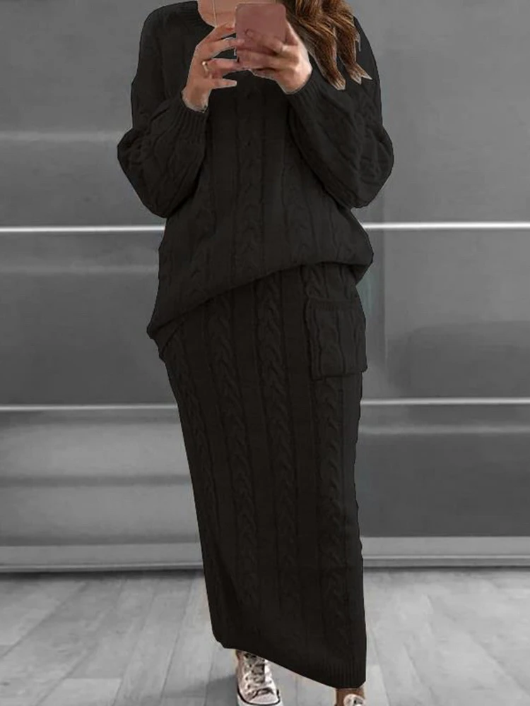 

YIKUO Autumn Winter Two Piece Set Women Winter Long Sleeve Jumpers Sweater Skirt Set Warm Knitted Outfit Top and Pants Sets