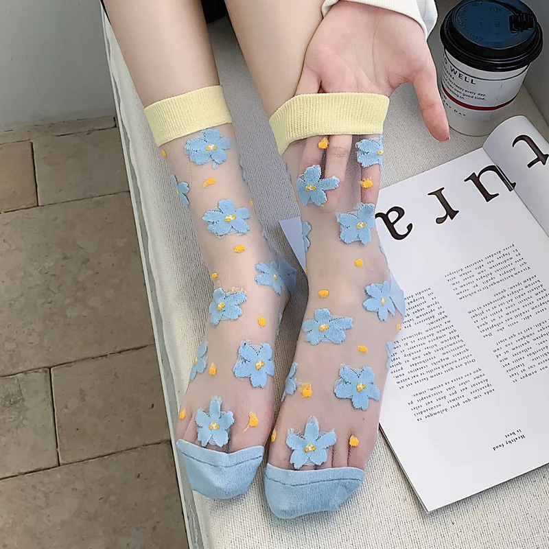 2023 Japanese Korea Fashion Jacquard Women Summer Cool Creative Floral Transparent  Trend Print Ultrathin Glass Silk Socks