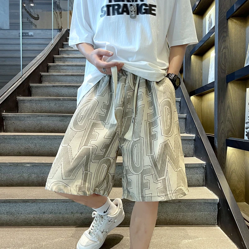 Corduroy Shorts Men's American High Street Fashion Label Full Print Letters Beach Basketball Pants Ins Fashion Summer Capris
