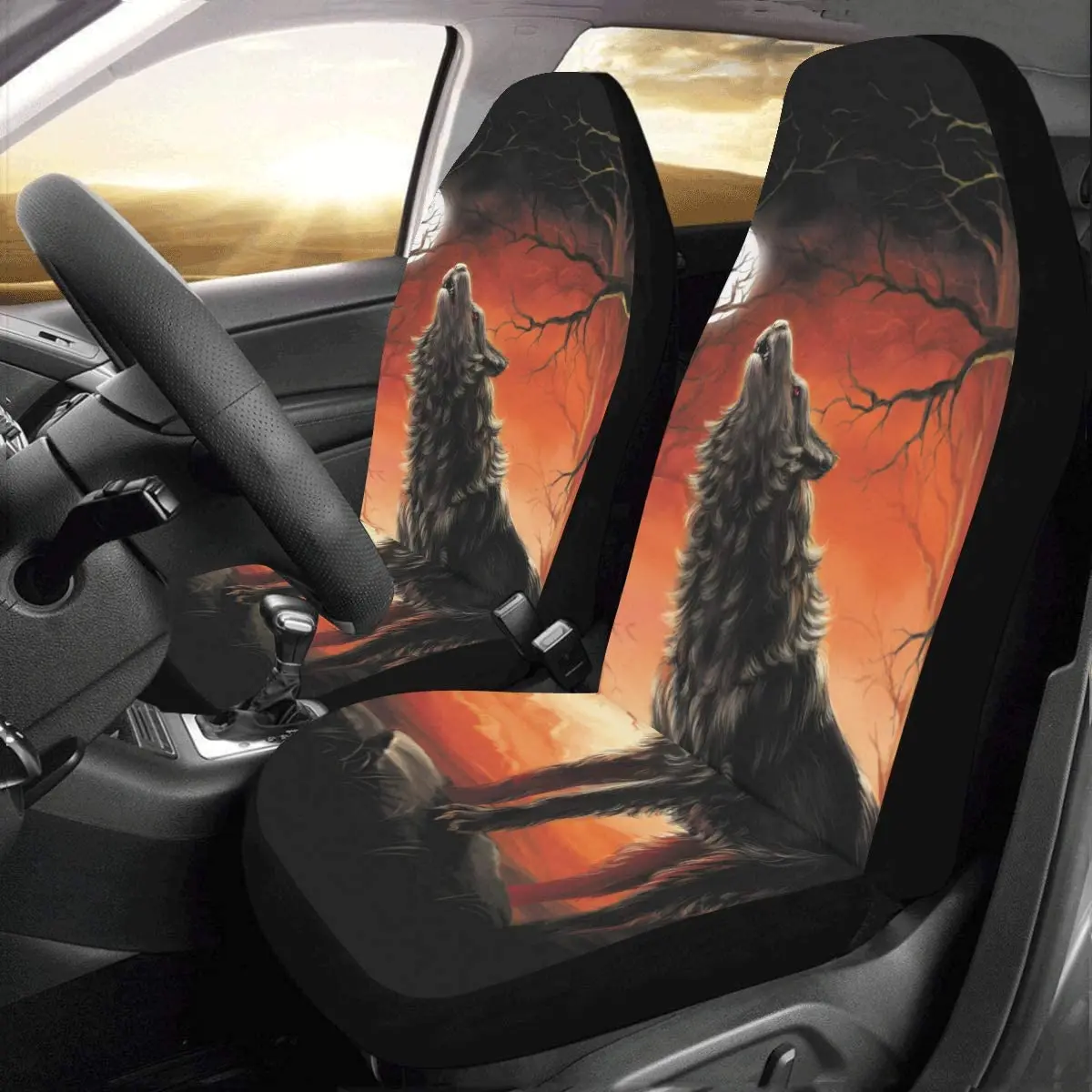 

Fit Custom Wolf and Moon Front Car Seat Covers Set of 2Vehicle Seat Protector Car Mat Covers -100% Breathable