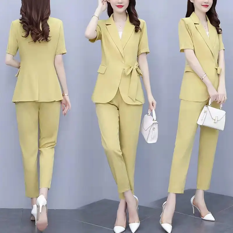 

Women Summer Work Clothing Sets Korean Office Lady Solid Short Sleeve Blazers Pants Two Piece Set Basic Joker Bussiness Suits