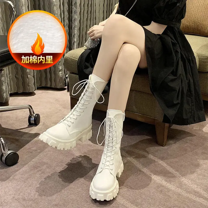 

Boots Women New Mid Calf Autumn Winter Fashion Lace-up Ladies Chelsea Zipper Botas Mujer Boots Sports Platform Heel Ladies Shoes