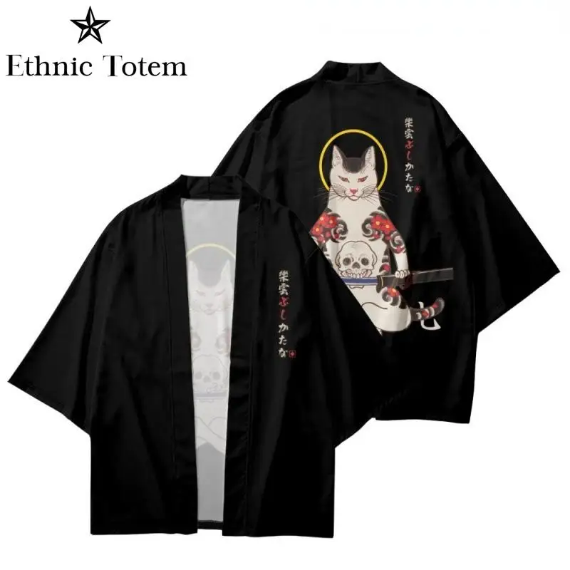 Japanese Kimono Man Yukata Samurai Kimono Cat Print Shirt Clothing Traditional Haori Kimono Women Harajuku Cardigan For Men