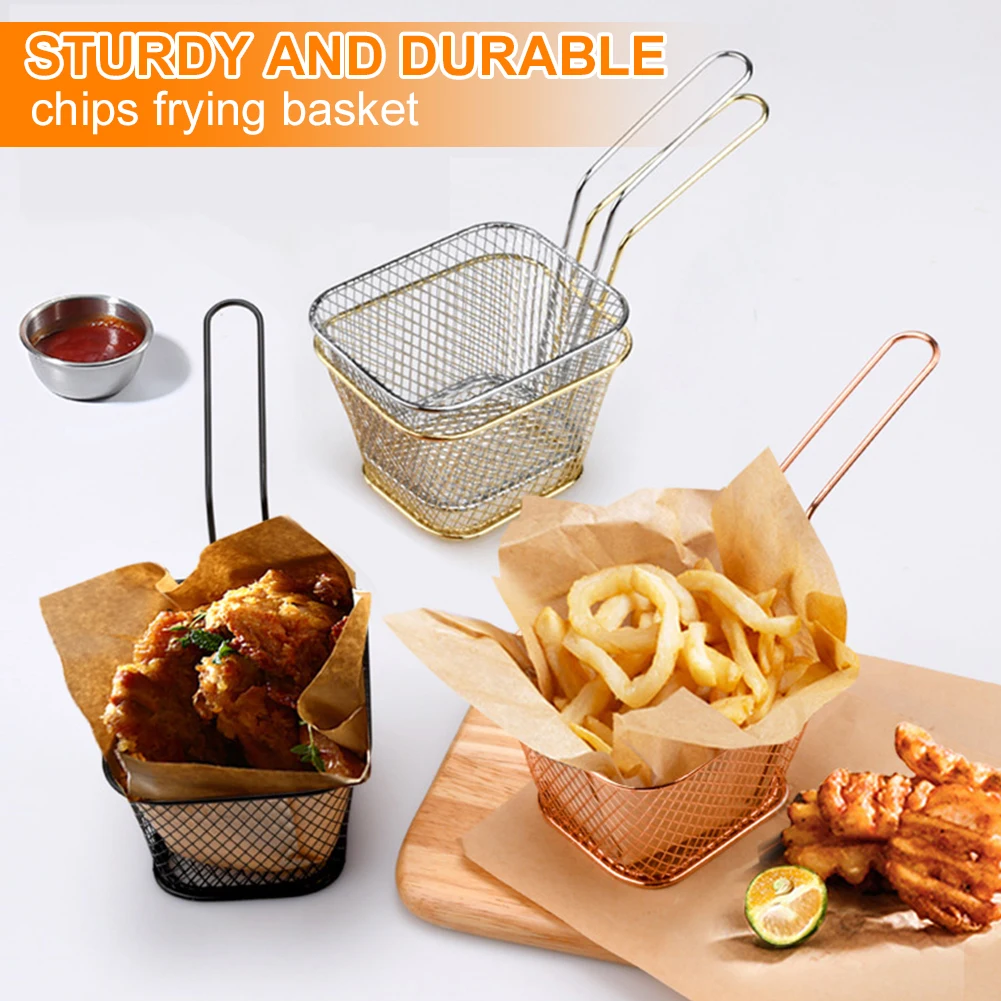 Mini Square Fry Basket Metal French Fries Chips Holder with Handle Desk Food Presentation Mesh Basket Kitchen Accessories Tools