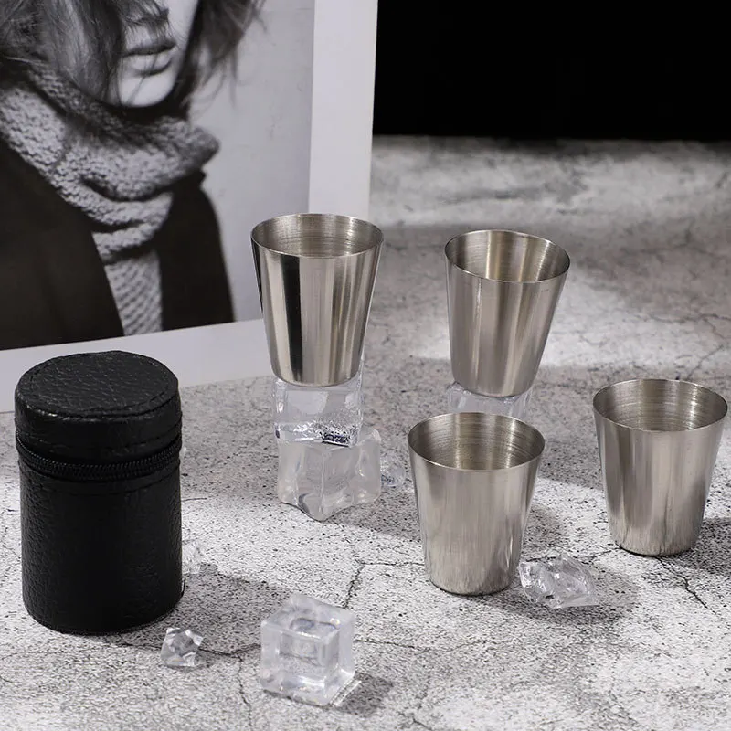 

4Pcs Stainless Steel Cups Set OutdoorMug For Whisky Wine With Leather Cover Bag For Home Kitchen Bar Drinkware 30/70/160ml