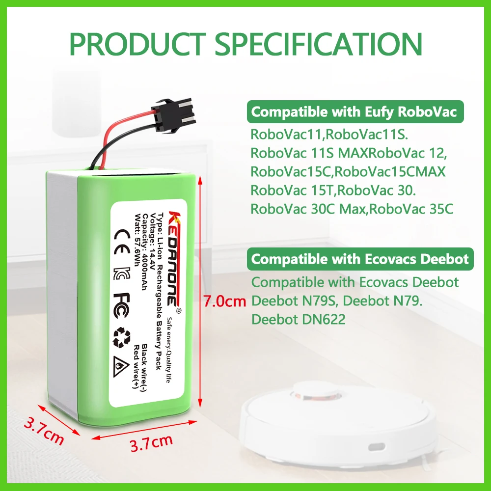 

14.4V 4.0Ah Li-ion battery for Cecotec Conga Excellence 950 990 1090 Ecovacs Deebot DN621 601/605 Eufy RoboVac 35C Panda i7 V710