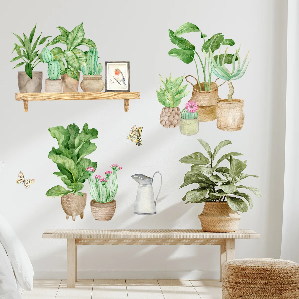 Зеленые горшечные растения и бабочки настенные наклейки для детской комнаты