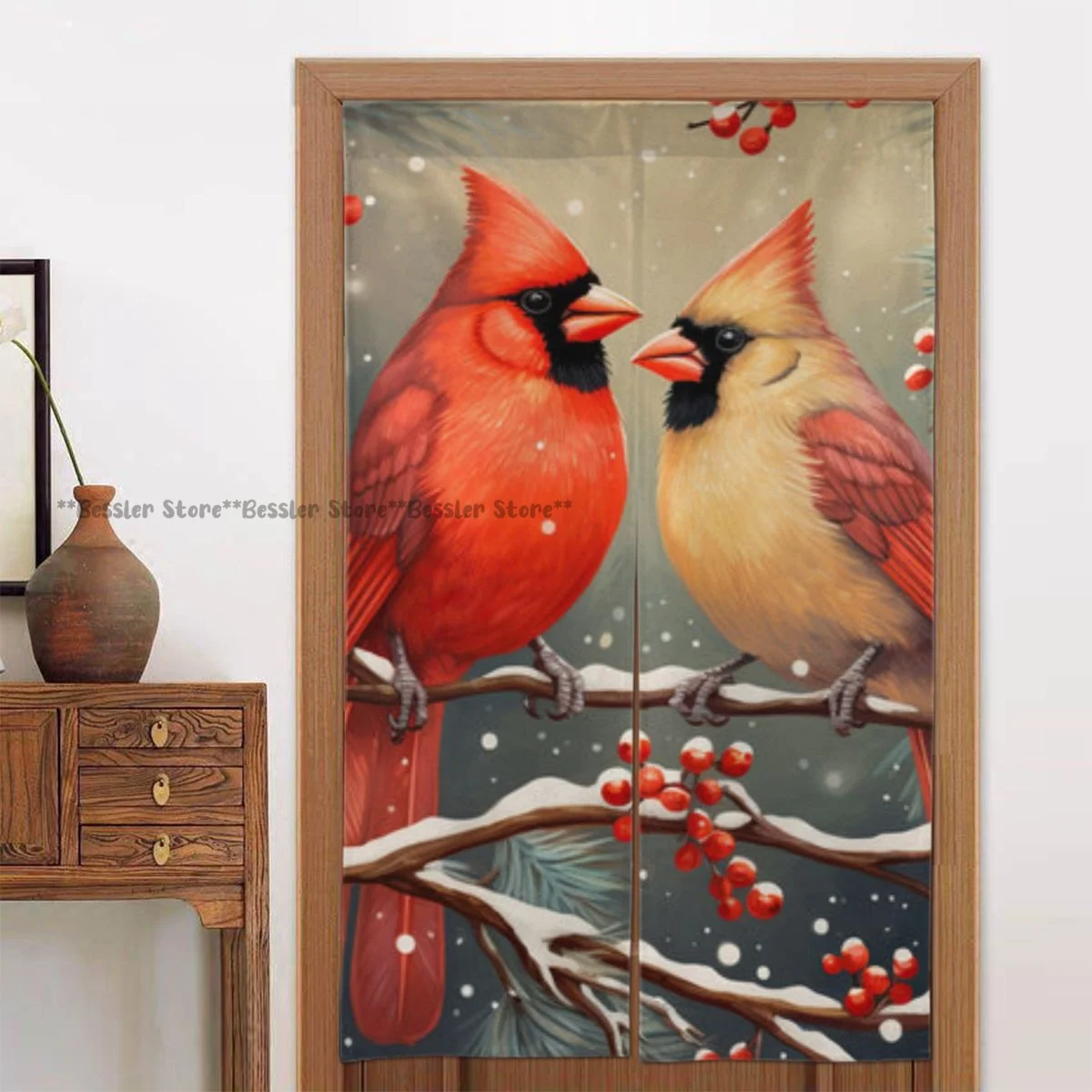 Дверная занавеска с кардинальными птицами сидячи на ветке рождественской елки
