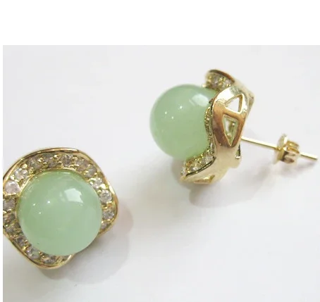 

2 colors wholesale fashion jewelry pretty 8mm round light green/green Natural jade & crystal 18kgp earring #002