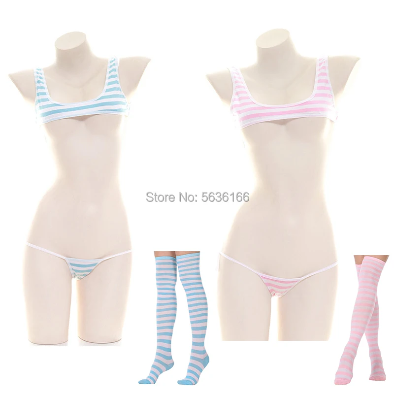 

Japan Sexy Lingerie Lolita Kawaii Blue Pink White Striped Mini Bikini Adult Cosplay Erotic Costumes Bra Women Underwear 3pcs Set